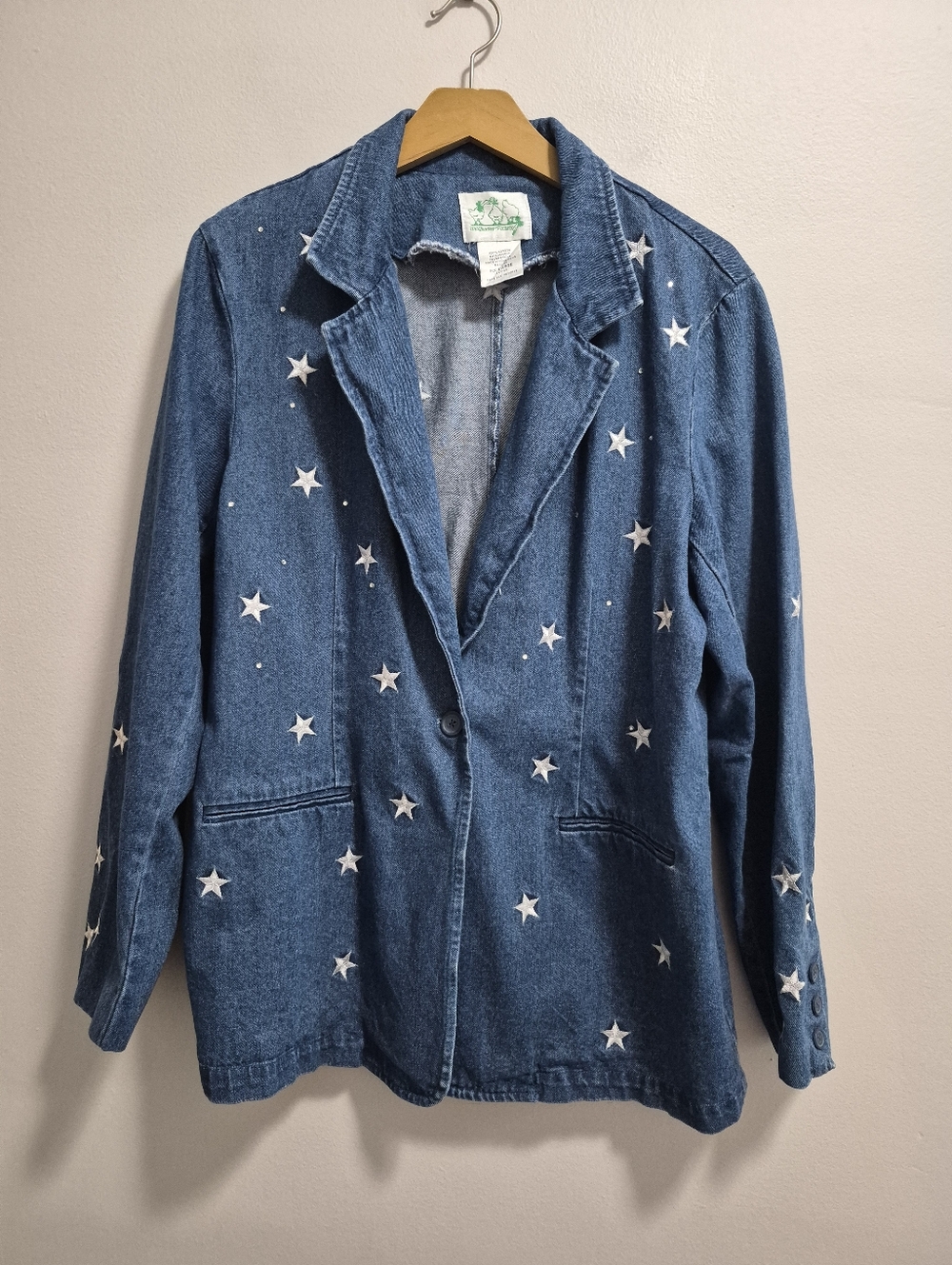 Quacker Factory Vintage Denim Embroidered Star Jacket Blazer Size Large